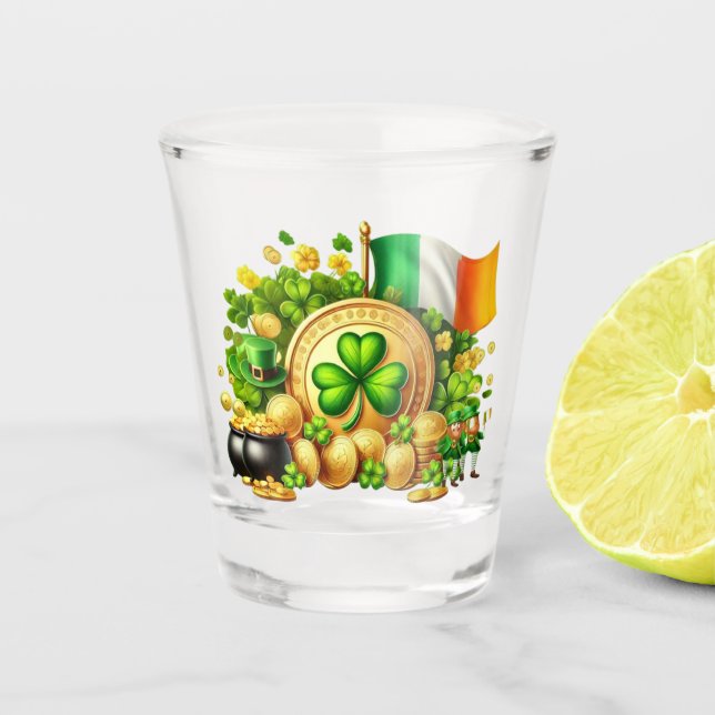 Vaso De Chupito Shamrock y bandera irlandesa en el Día de San Patr (Anverso)