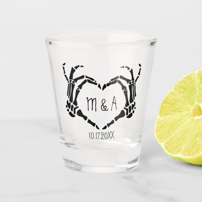Vaso De Chupito Skeleton Manos Forma Corazón Boda Personalizada (Anverso)