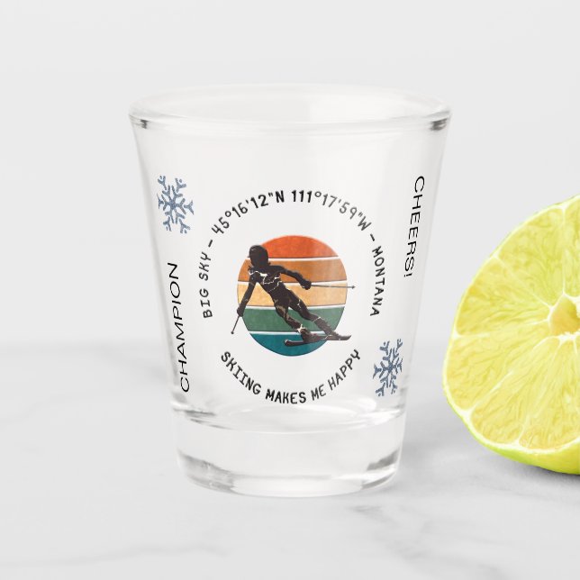 Vaso De Chupito Ski Big Sky, Montana - Esquiadora, texto negro (Anverso)