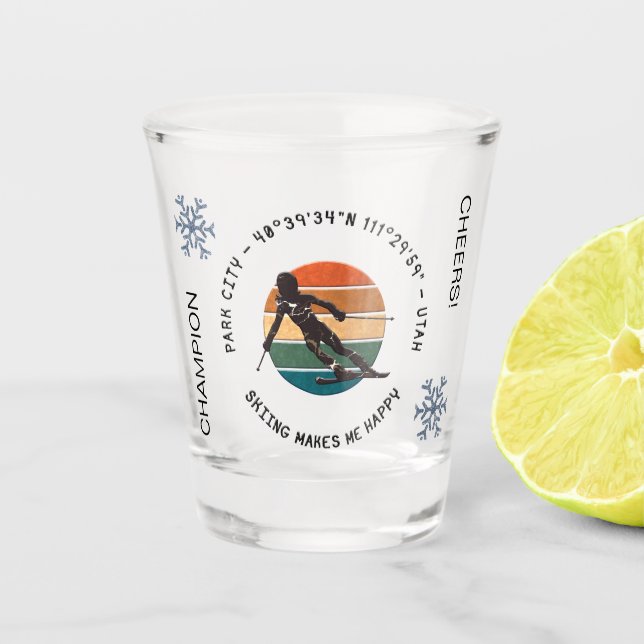 Vaso De Chupito Ski Park City, Utah - Esquiadora, texto negro (Anverso)