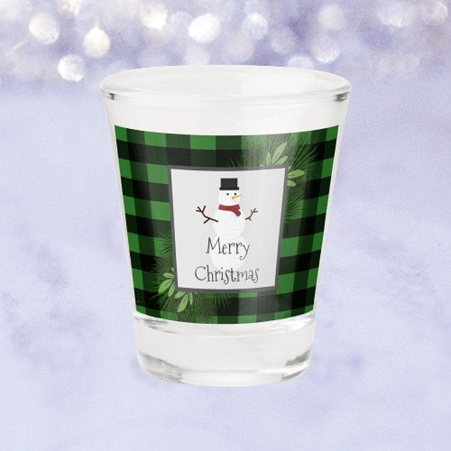 Vaso De Chupito Snowman Green Buffalo Tapado Vidrio (Green Snowman Buffalo Plaid Shot Glass)