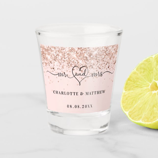 Vaso De Chupito Sr. Mrs rosa boda de oro de recién casados (Anverso)