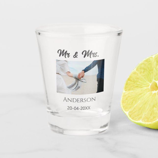 Vaso De Chupito Sr. y Sra. añada apellido fecha año de boda favor  (Anverso)