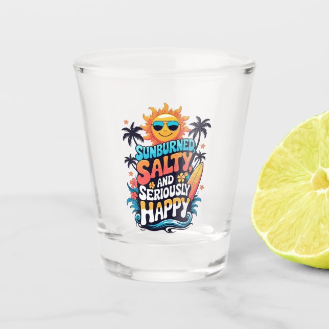 Vaso De Chupito Sunburned Salty and Happy – Retro Beach Vibes (Anverso)