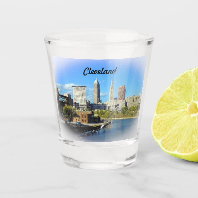 Vaso De Chupito Sunny Cleveland River Skyline (Anverso)