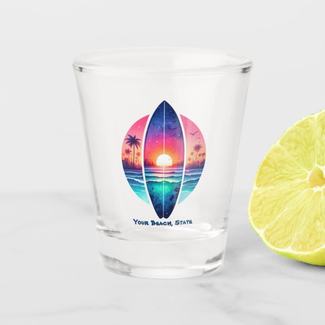 Vaso De Chupito Surfboard en el atardecer (Anverso)