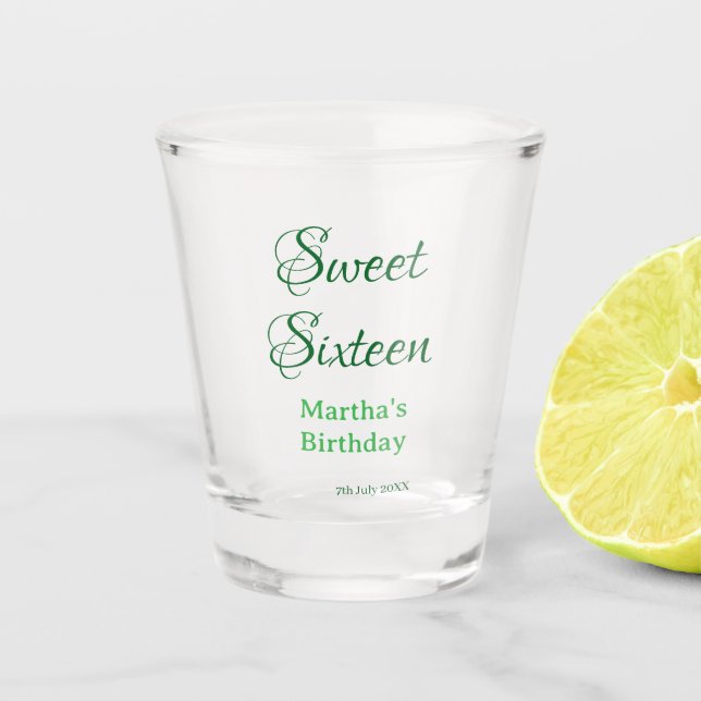 Vaso De Chupito Sweet Sixteen green name date calligraphy boho ret (Anverso)