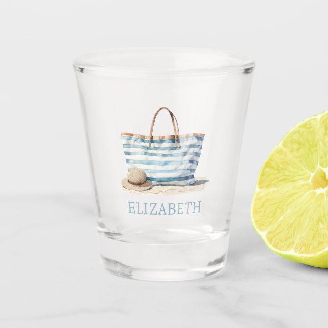 Vaso De Chupito Tote de playa de rayas blancas y azules costeras (Anverso)