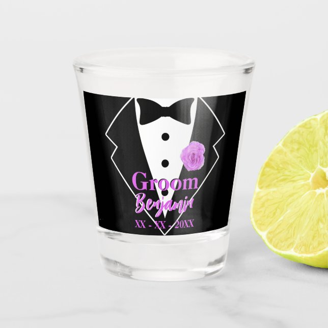 Vaso De Chupito Traje de novio con flores de lavanda personalizada (Anverso)