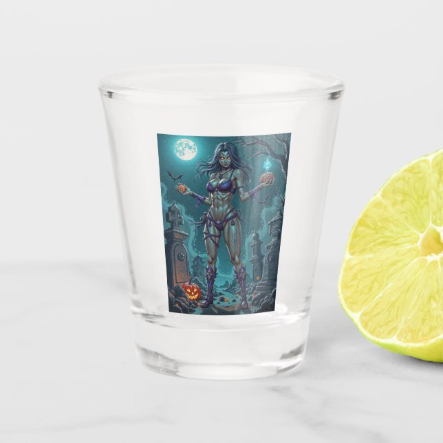 Vaso De Chupito Trato de Halloween o Novia Zombie con cerebros (Anverso)