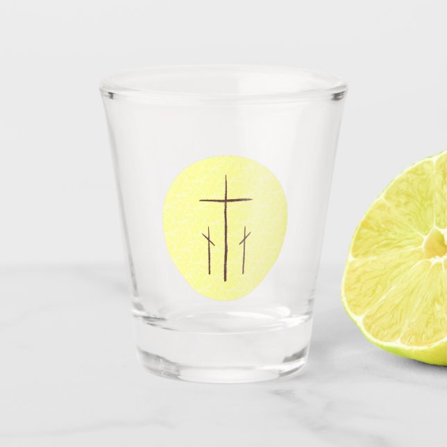 Vaso De Chupito Tres cruces en amarillo calvario (Anverso)