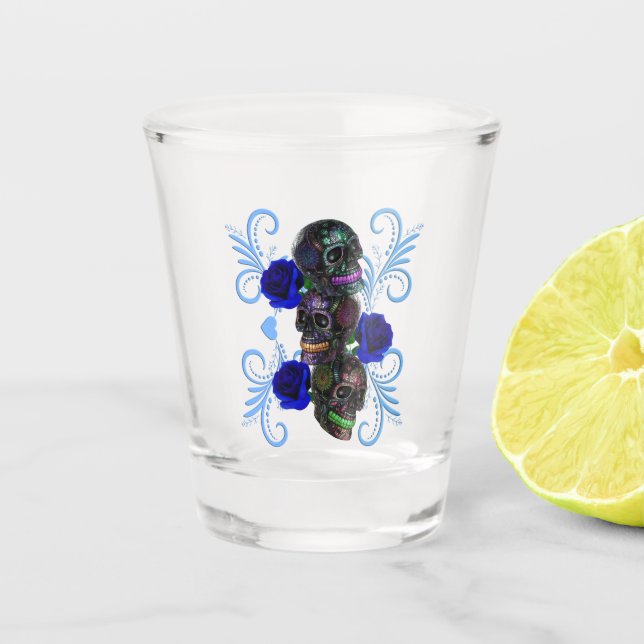 Vaso De Chupito Triple Día Negro De Los Cránulos Muertos Rosas Azu (Anverso)