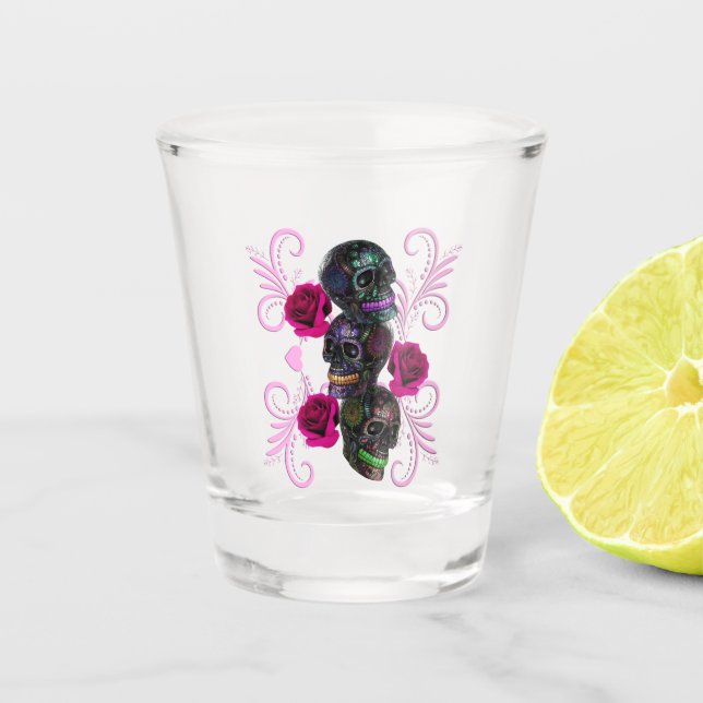 Vaso De Chupito Triple Día Negro De Los Cránulos Muertos Rosas Ros (Anverso)