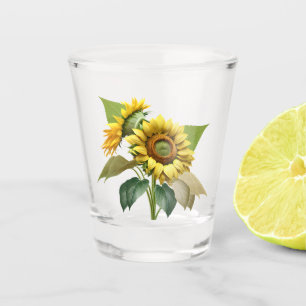 Vaso De Chupito Two Vibrant Sunflowers with Lush Green Leaves