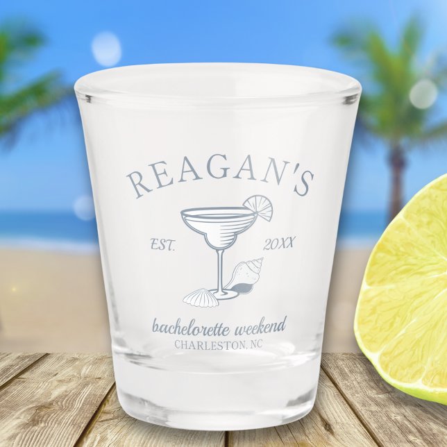 Vaso De Chupito "Última tostada en la costa" Beach Bachelorette Pa ("last toast on the coast" custom bachelorette shot glass girls weekend beach trip gift party favor)