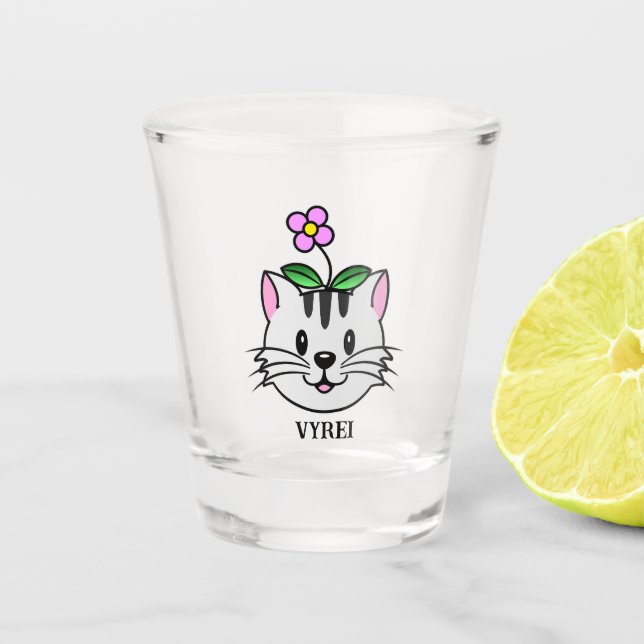 Vaso De Chupito Un gato Personalizado con flor en la cabeza (Anverso)