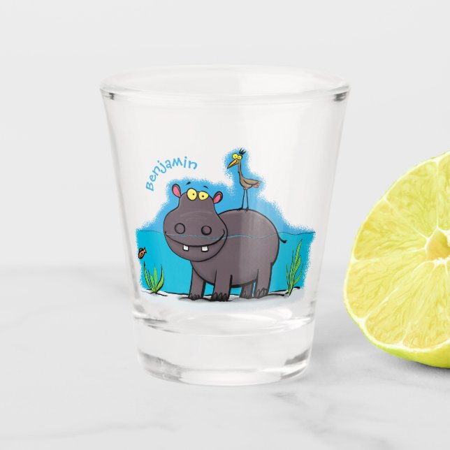 Vaso De Chupito Un gracioso hipopótamo con personalizado de pájaro (Anverso)
