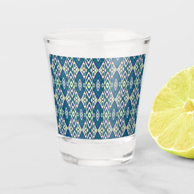 Vaso De Chupito un patrón azul y verde con fondo blanco (Anverso)