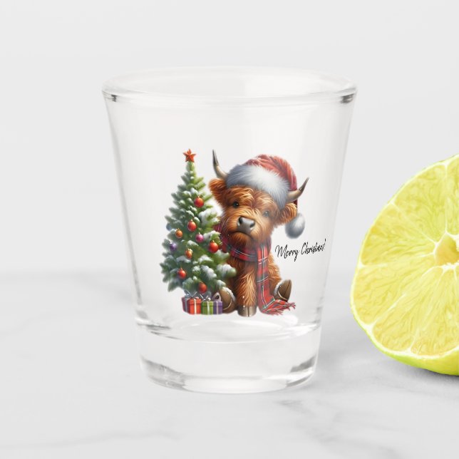 Vaso De Chupito Vaca Highland y árbol de Navidad (Anverso)
