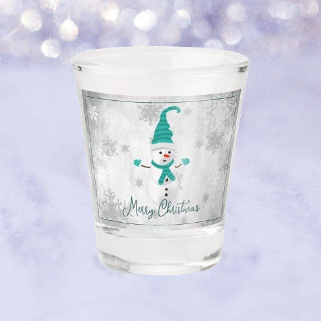Vaso De Chupito Vacaciones verde azuladas de Snowman (Teal Cute Snowman Holiday Shot Glass)