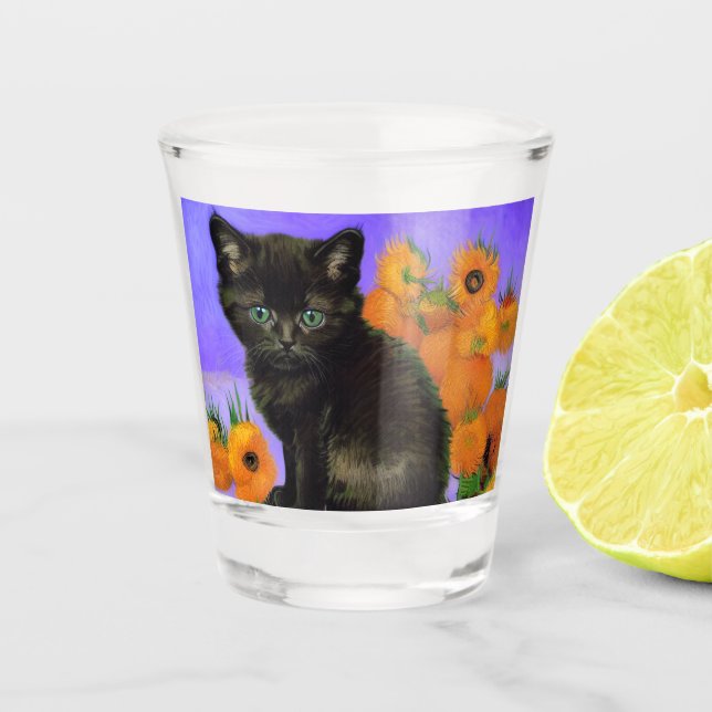 Vaso De Chupito Van Gogh Black Kitten con girasoles (Anverso)