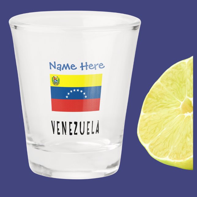 Vaso De Chupito Venezuela Bandera Venezolana Azul personalizada (Venezuelan Flag on shot glass with word VENEZUELA below in flag colors. Add name above in blue text.)