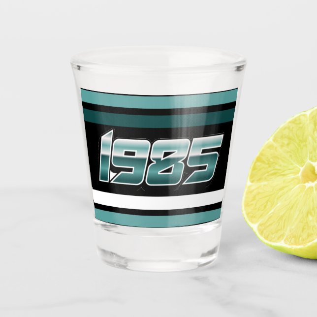 Vaso De Chupito verde azulado de franja retro de 1985 (Anverso)