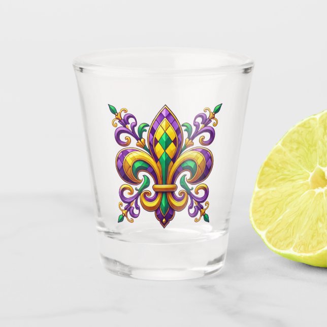 Vaso De Chupito Verde morado Mardi Gras fleur de lis (Anverso)