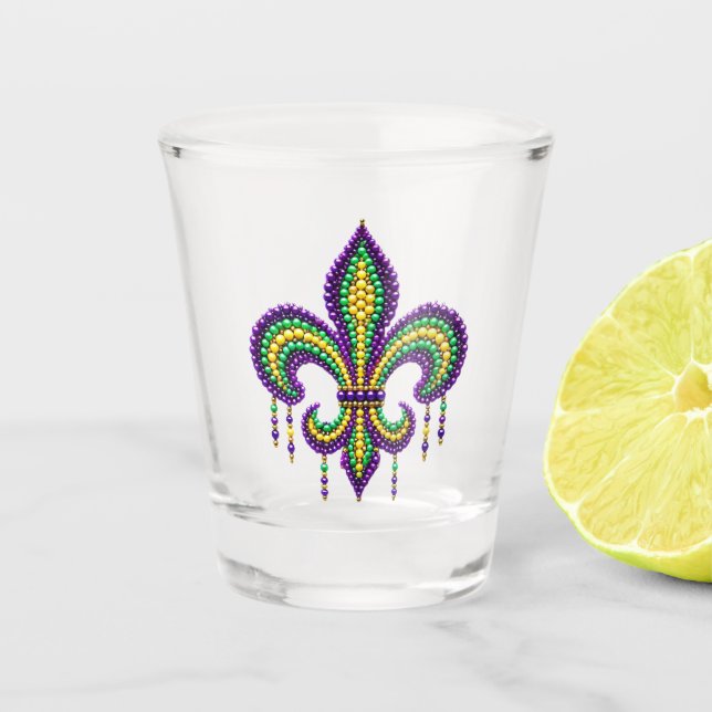 Vaso De Chupito Verde morado Mardi Gras fleur de lis (Anverso)