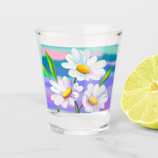 Vaso De Chupito Vidrio caliente con flores de margarita (Anverso)