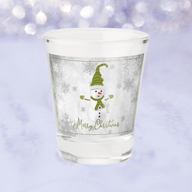Vaso De Chupito Vidrio caliente de vacaciones de invierno verde li (Green Cute Snowman Holiday Shot Glass)