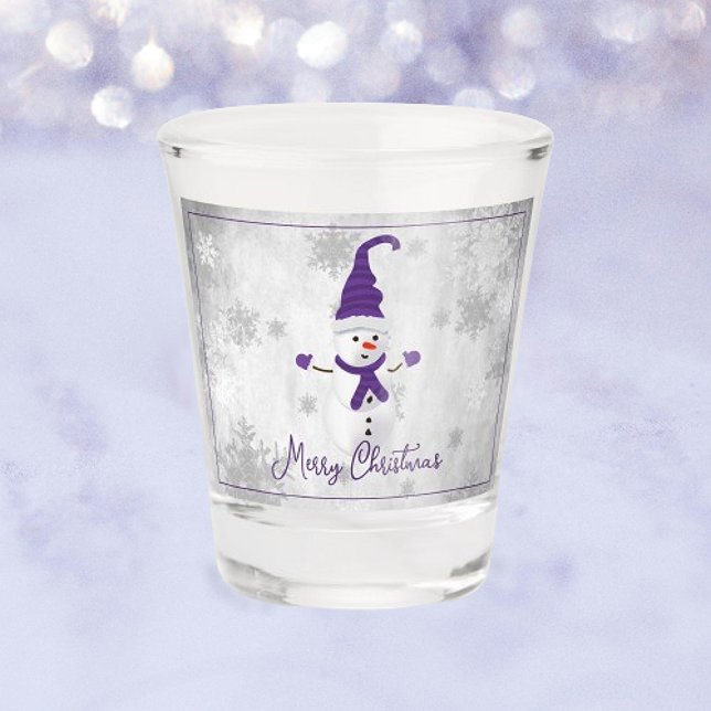 Vaso De Chupito Vidrio caliente de vacaciones de Snowman Purple Cu (Purple Cute Snowman Holiday Shot Glass)