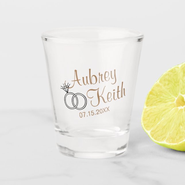 Vaso De Chupito Vidrio de Cocoa Brown con nombre de novia y Groom (Anverso)