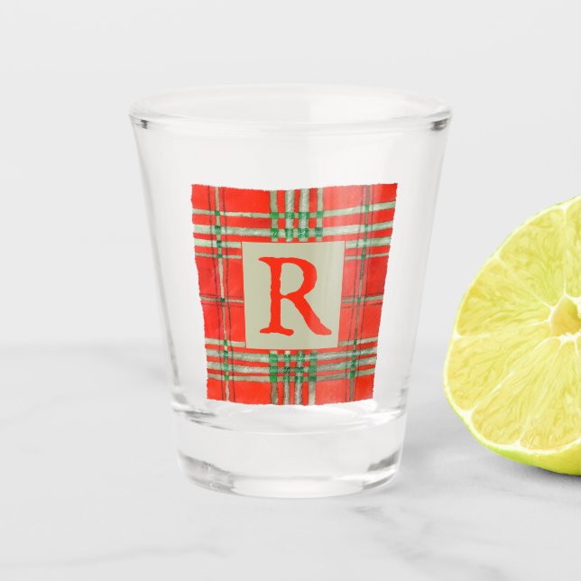 Vaso De Chupito Vidrio de disparo de RED SCOTT TARTAN + inicial (Anverso)