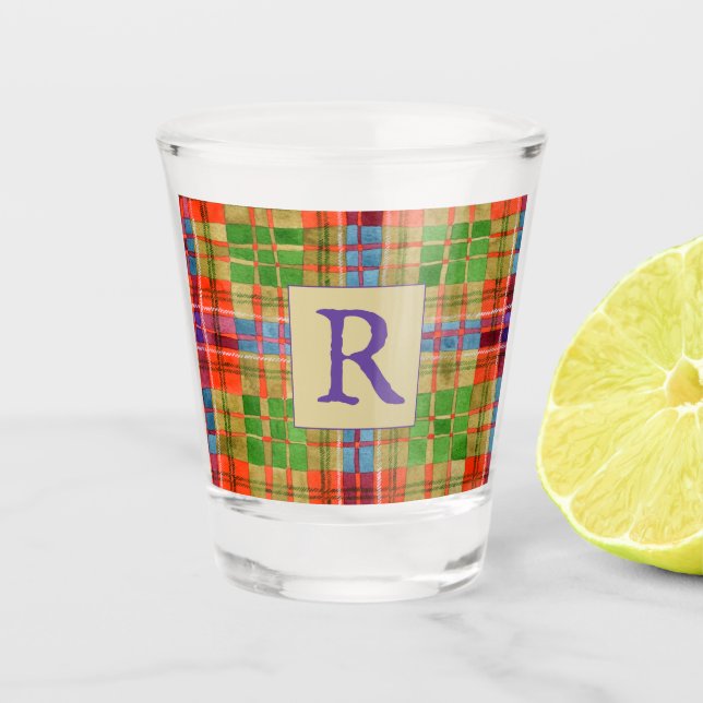 Vaso De Chupito Vidrio de disparo MAC RAE TARTAN + Texto (Anverso)