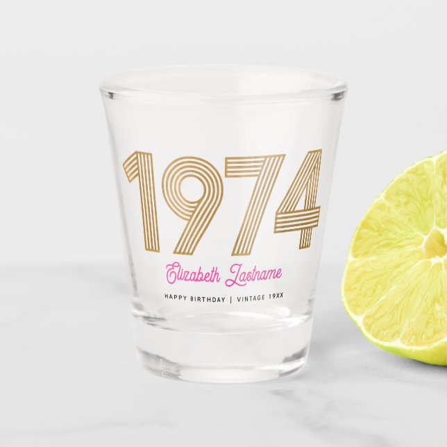 Vaso De Chupito Vidrio de oro y rosa 50 cumpleaños de 1974 (Anverso)