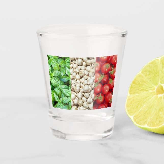 Vaso De Chupito Vidrio incendiario con bandera de comida italiana (Anverso)