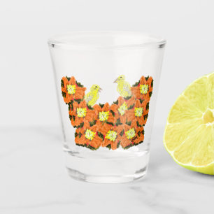 Vaso De Chupito Vidrio: Naranjas Flores Amarillas Con Canarias