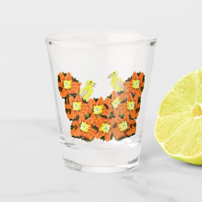 Vaso De Chupito Vidrio: Naranjas Flores Amarillas Con Canarias (Anverso)