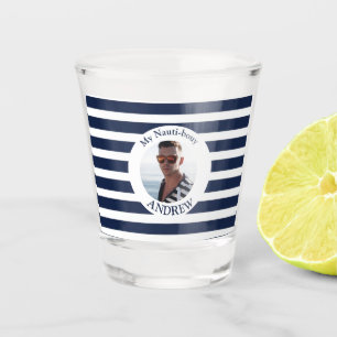 Vaso De Chupito Vidrio Náutico Rayado Blanco Azul de la Marina