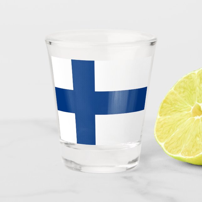 Vaso De Chupito Vidrio patriótico con bandera de Finlandia (Anverso)