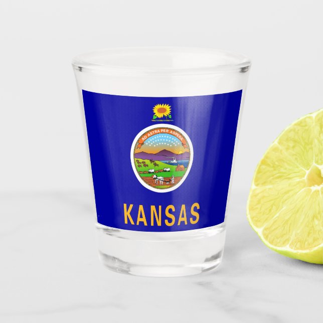 Vaso De Chupito Vidrio patriótico con bandera de Kansas (Anverso)