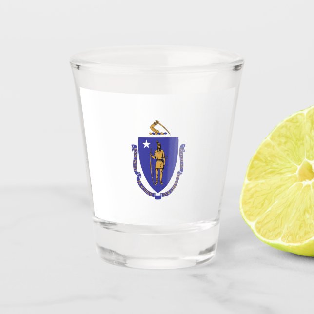 Vaso De Chupito Vidrio patriótico con bandera de Massachusetts (Anverso)