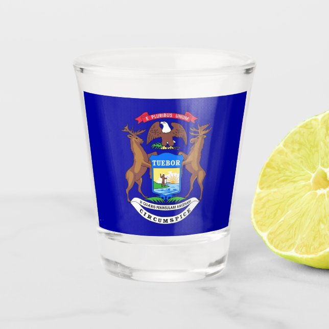 Vaso De Chupito Vidrio patriótico con bandera de Michigan (Anverso)