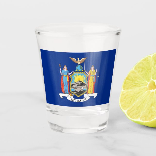 Vaso De Chupito Vidrio patriótico con bandera de Nueva York (Anverso)