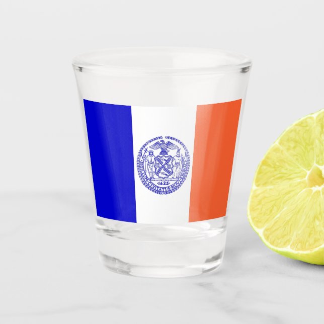 Vaso De Chupito Vidrio patriótico con bandera de Nueva York (Anverso)