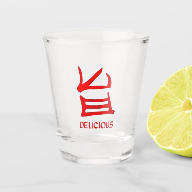 Vaso De Chupito Vidrio rojo Kanji Delicious (Anverso)