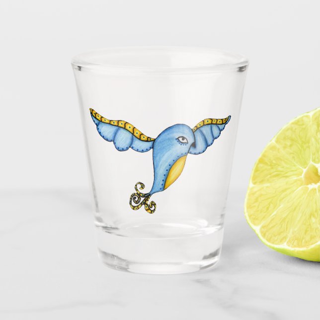 Vaso De Chupito Whimsical Flying Blue Yellow Bird Fancy Scrolls (Anverso)