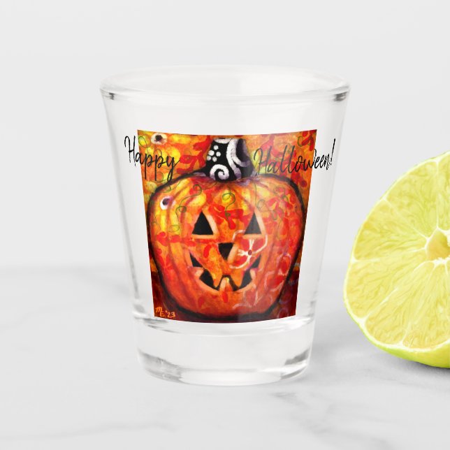 Vaso De Chupito Whimsical Halloween Jack-O-Lantern Resumen Naranja (Anverso)