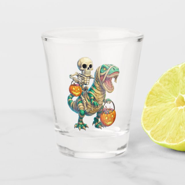 Vaso De Chupito Whimsical Skeleton Riding Mummy T-Rex Halloween (Anverso)